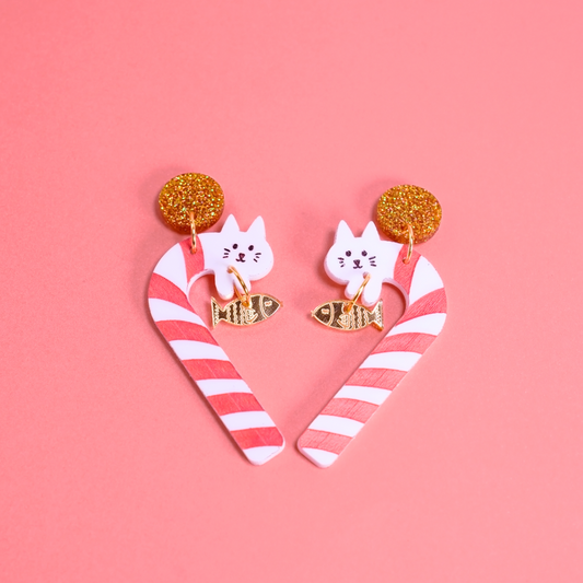 Christmas cat candy cane earrings