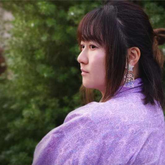 Handmade Hoshi no Omamori earrings inspired by Japanese good luck charms, made from iridescent acrylic and glitter resin in Melbourne