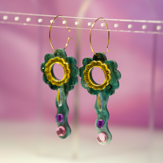 Flower Dance Earrings handmade in Melbourne using green marble and mirror acrylic with gold stainless steel hoops, inspired by Mount Dandenong's flower festivals