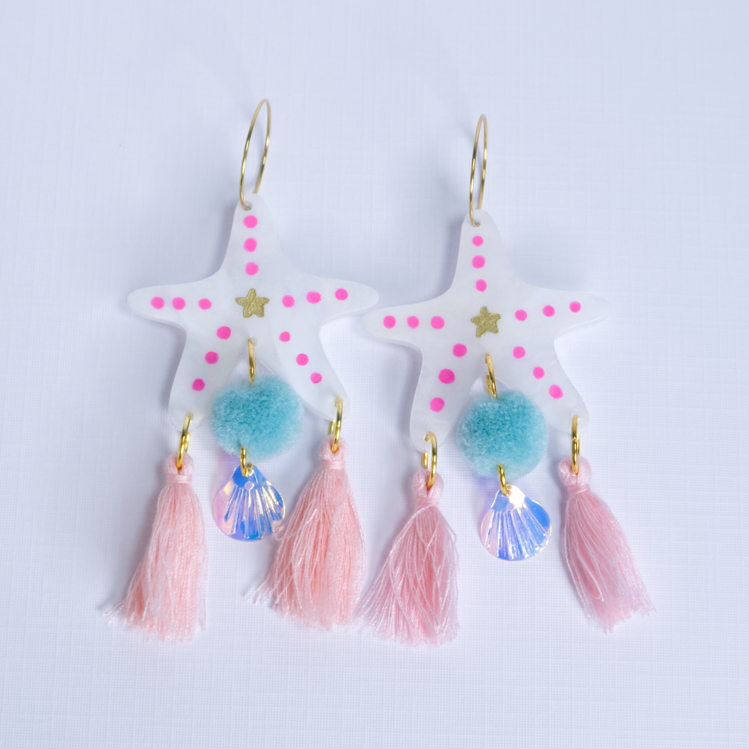 White heaven Starfish acrylic hoop earrings with tassels