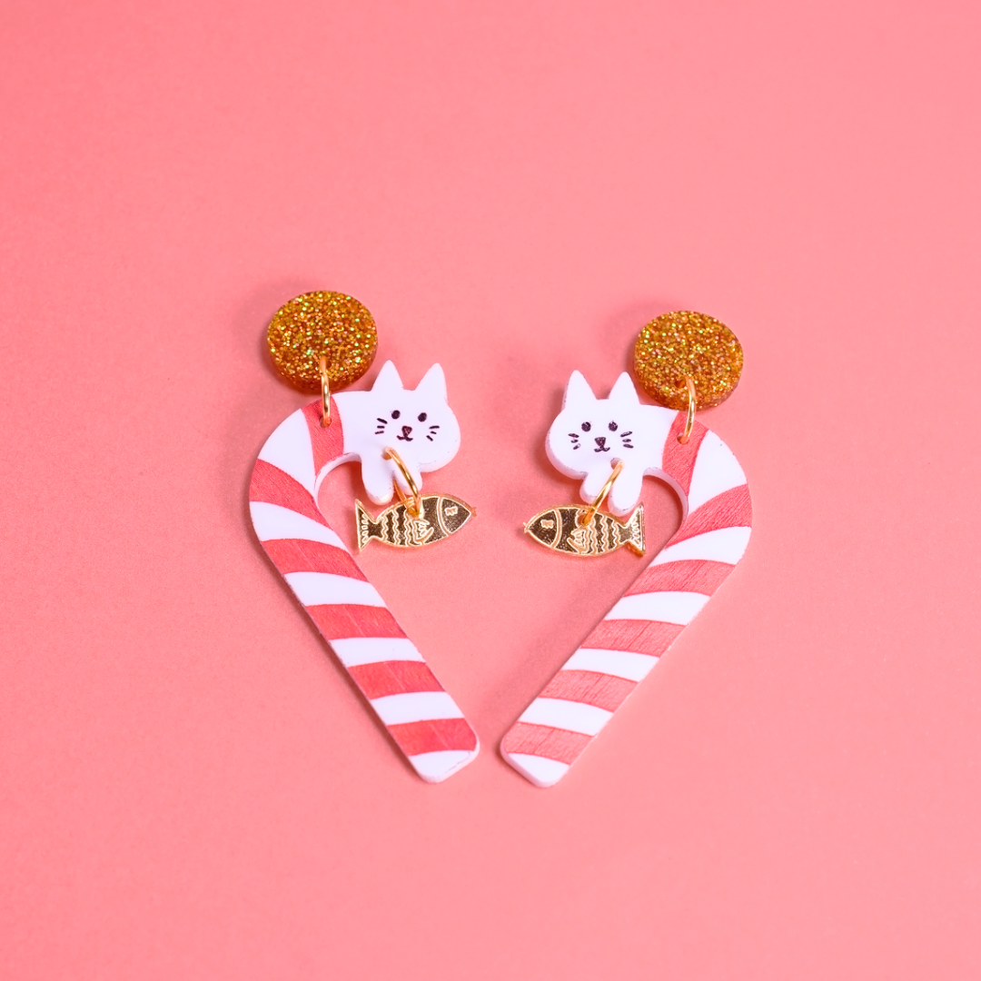 Christmas cat candy cane earrings