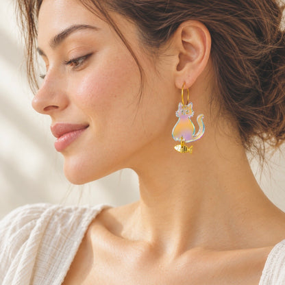 Iridescent Acrylic Cat & Goldfish Earrings