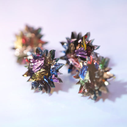 Chunky glitter sun-shaped acrylic earrings with gold-plated studs, handmade in Melbourne

