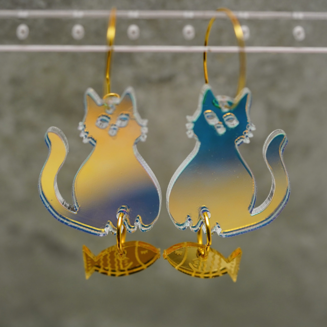 Iridescent Acrylic Cat & Goldfish Earrings