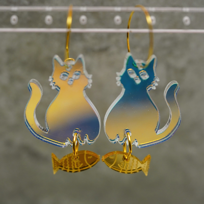 Iridescent Acrylic Cat & Goldfish Earrings