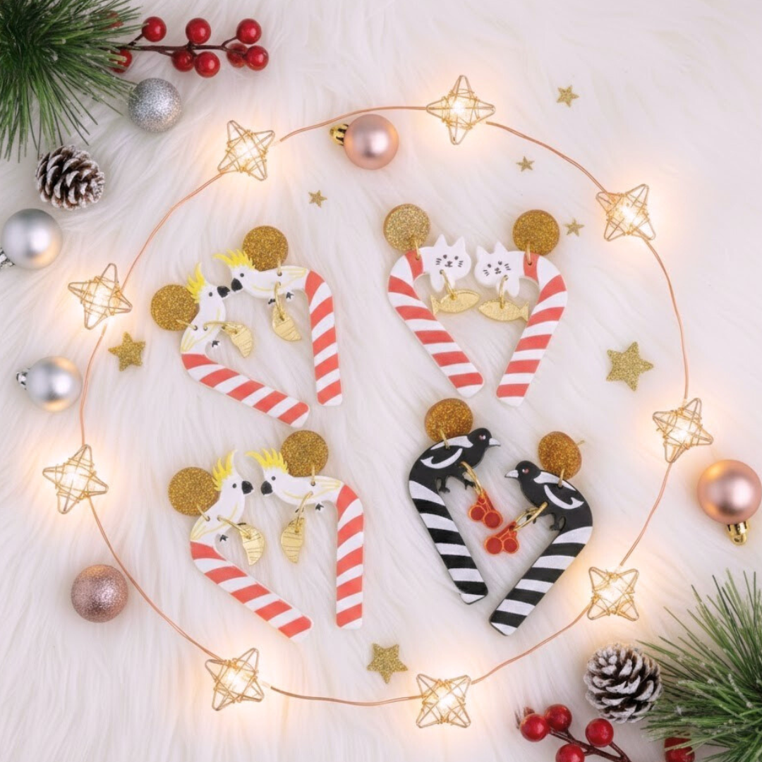 Christmas cat candy cane earrings