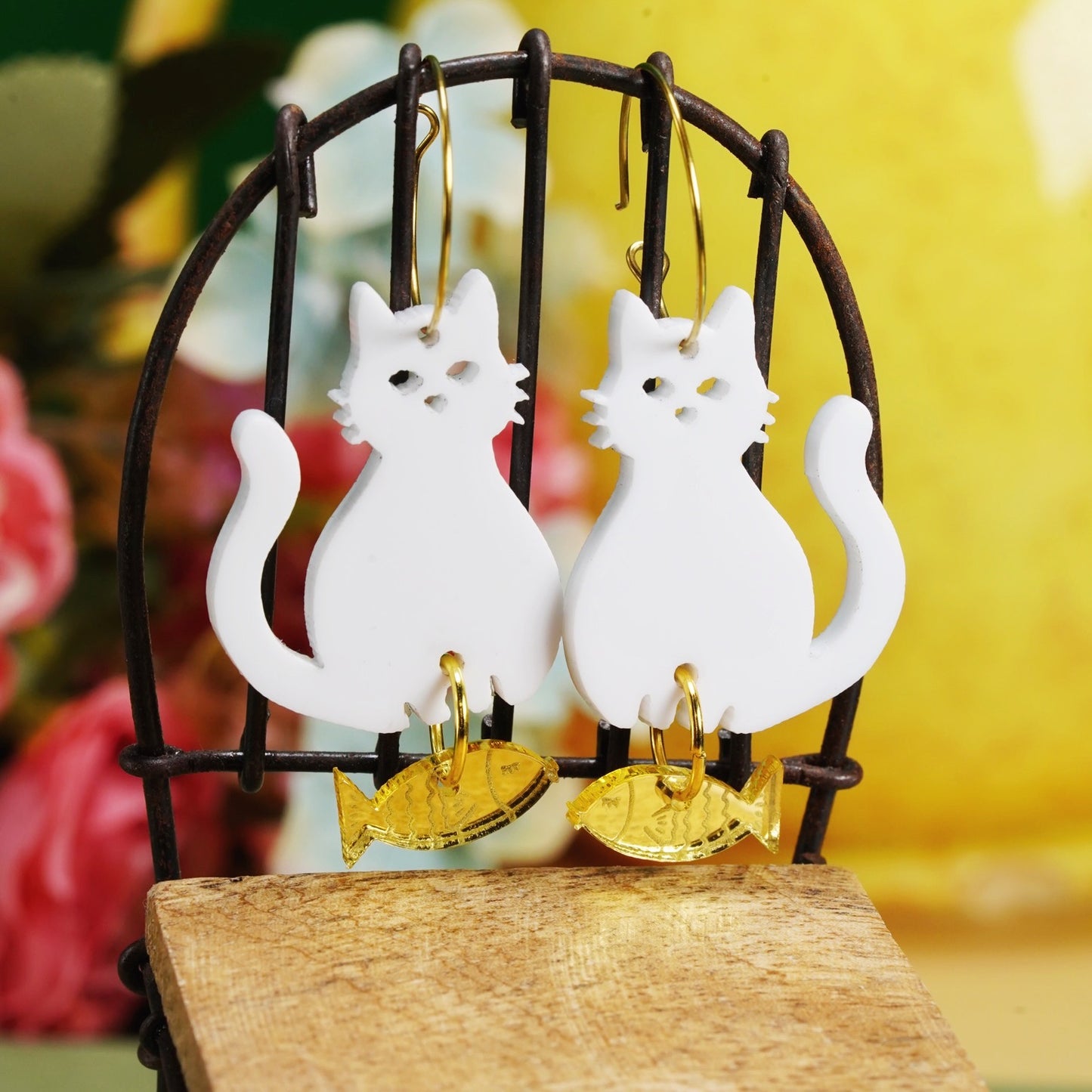 Acrylic white cat and gold fish earrings