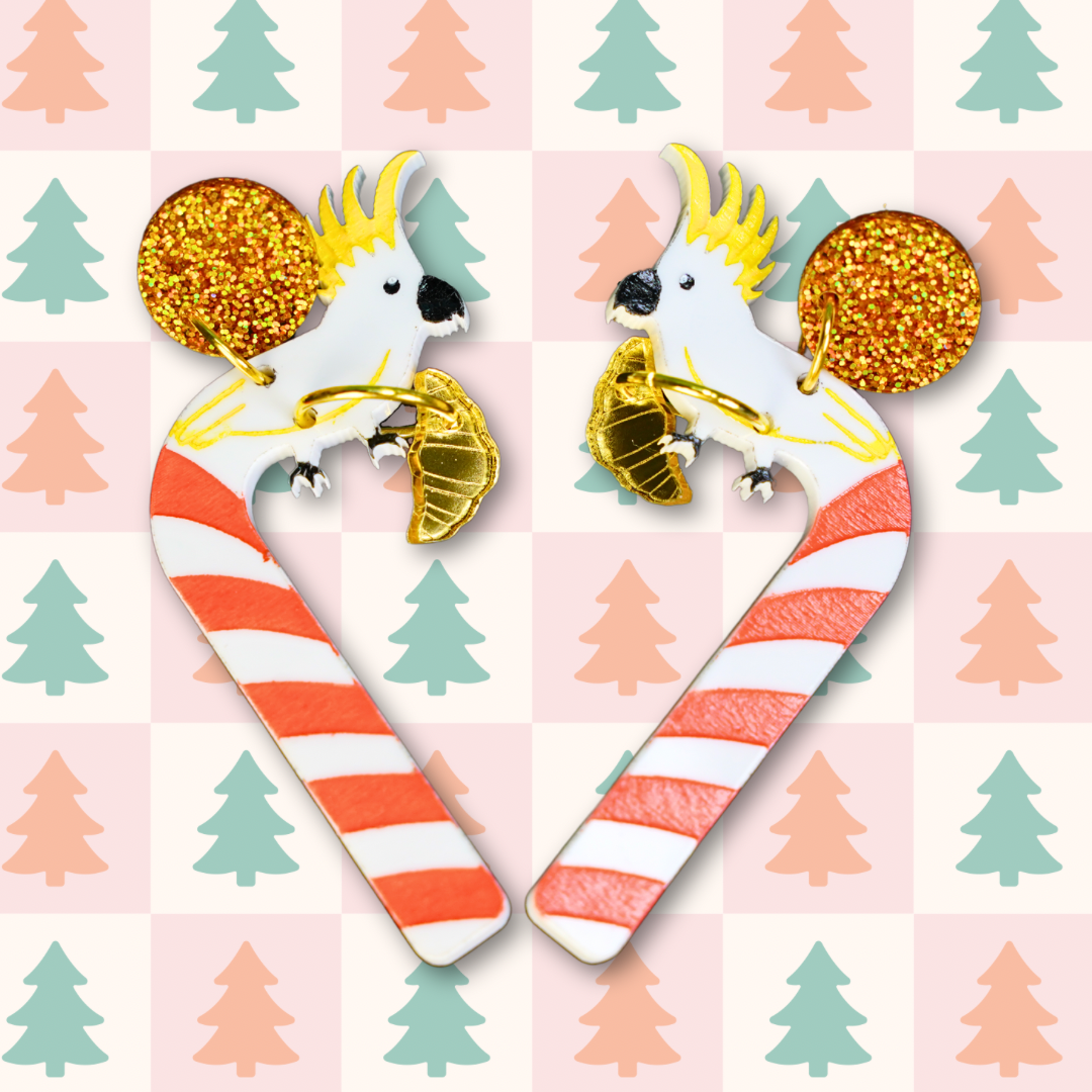 Christmas Cockatoo candy cane with croissant earrings