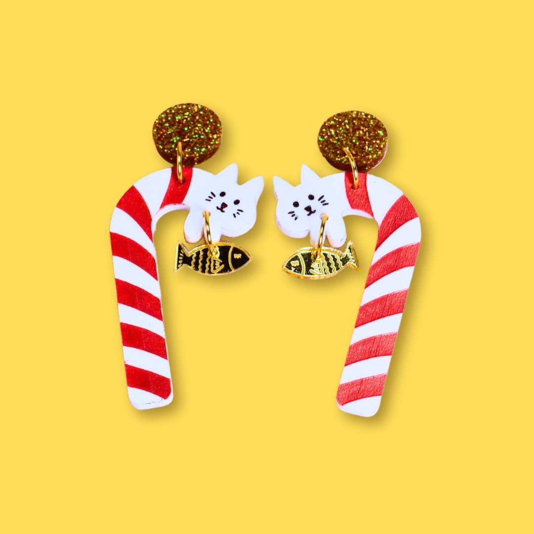 Christmas cat candy cane earrings