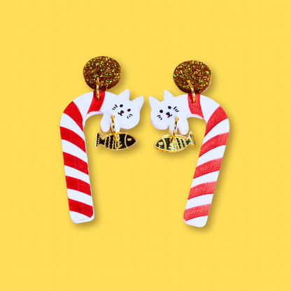 Christmas cat candy cane earrings