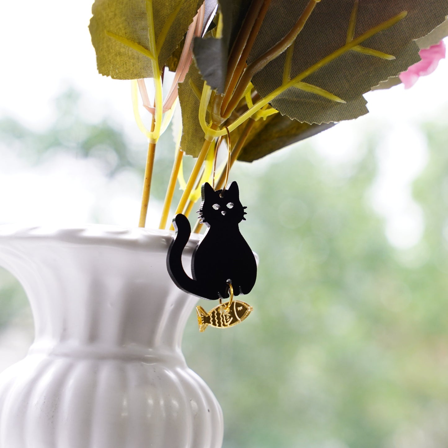 Acrylic black cat and gold fish earrings