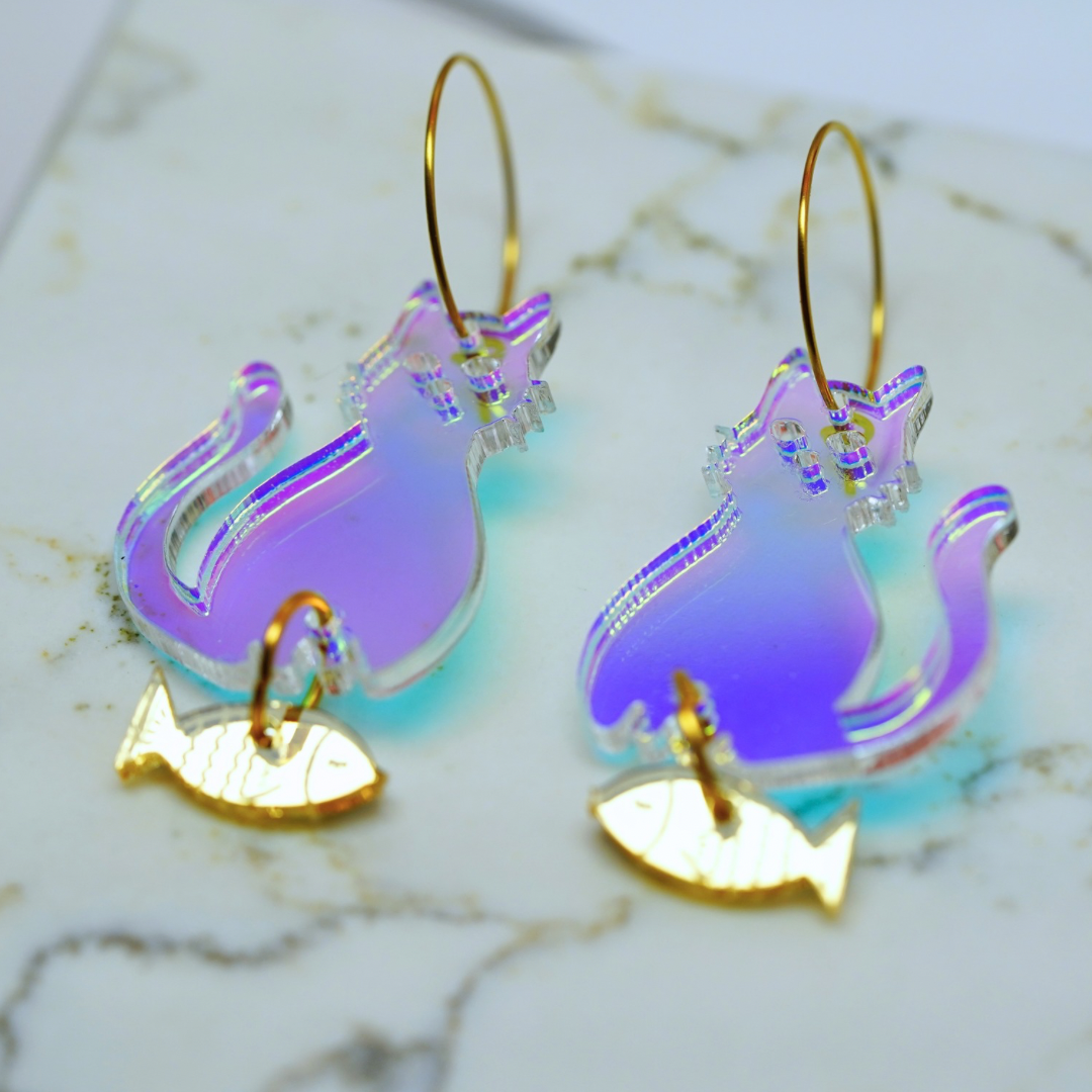 Iridescent Acrylic Cat & Goldfish Earrings