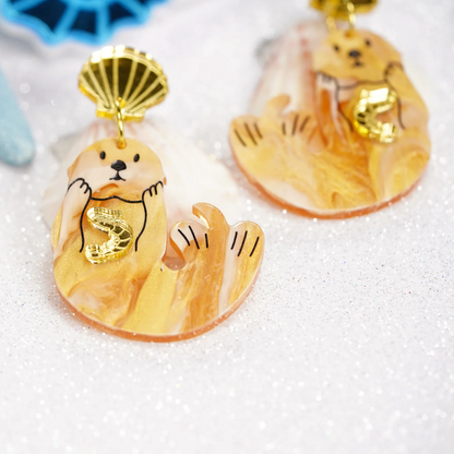 Japanese Sea Otter Earrings with gold shrimp, hand-painted otter design on gold marble acrylic, with seashell tops, handmade in Melbourne
