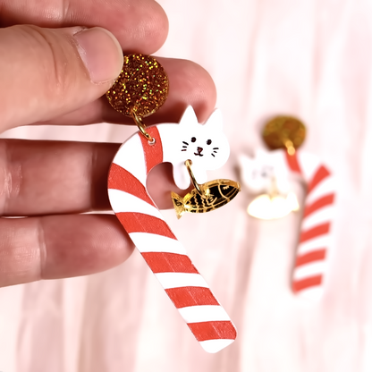 Christmas cat candy cane earrings