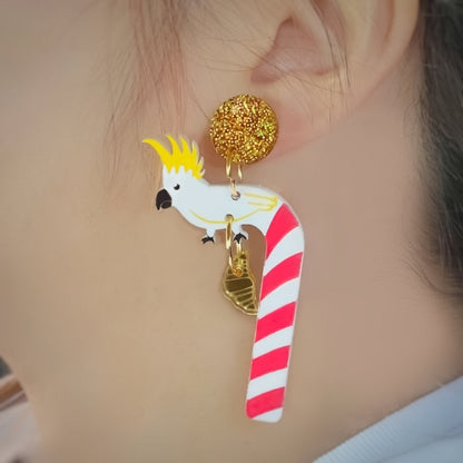 Christmas Cockatoo candy cane with croissant earrings