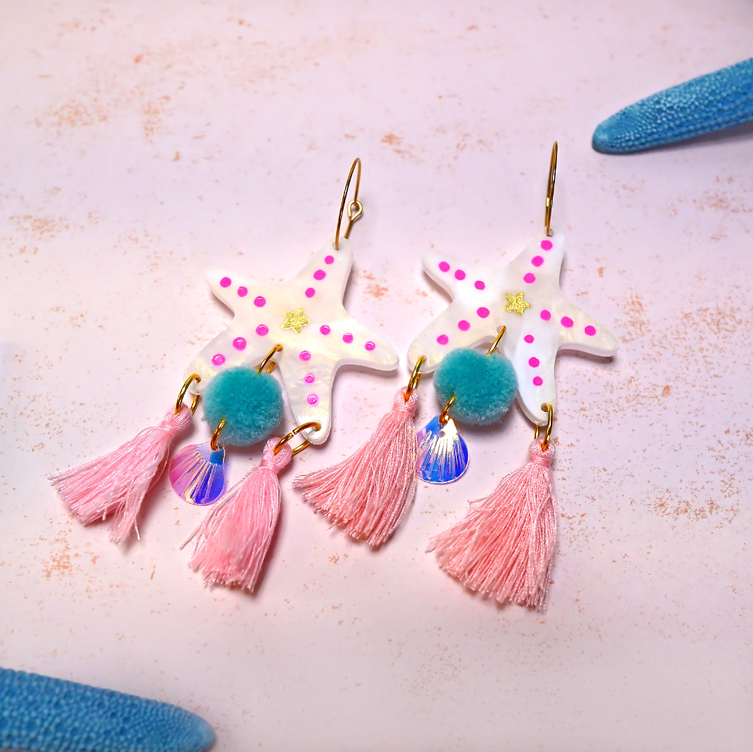 White heaven Starfish acrylic hoop earrings with tassels