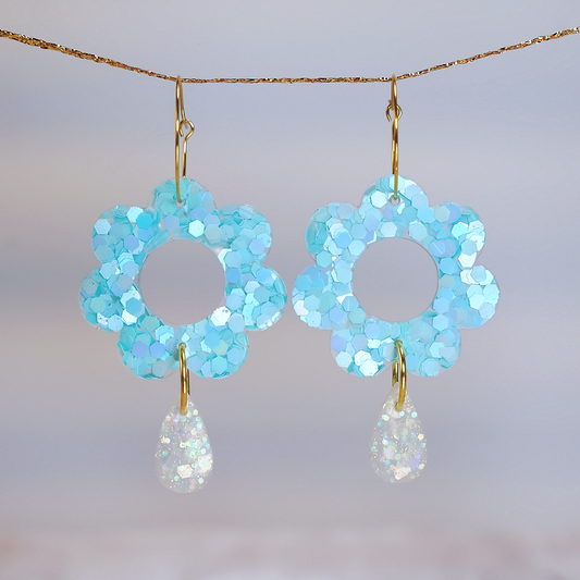 Resin flower drop earrings shell blue