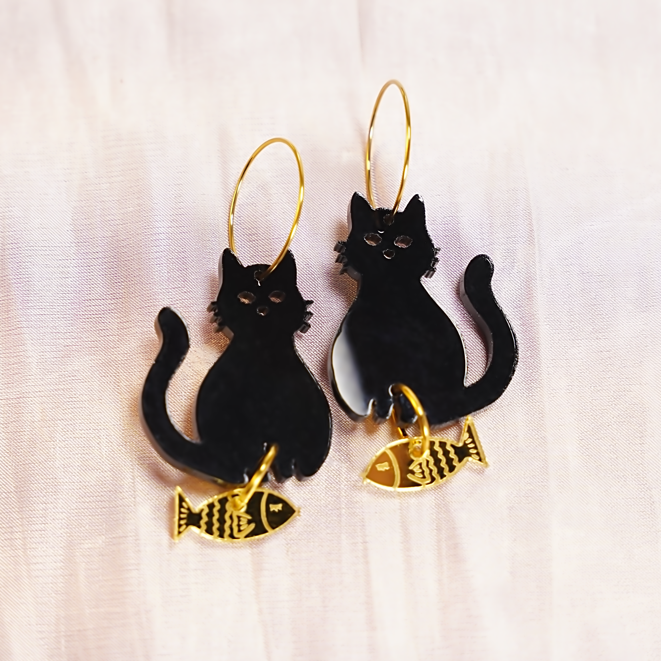 Acrylic black cat and gold fish earrings