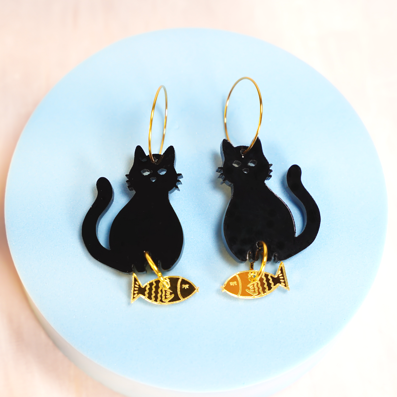 Acrylic black cat and gold fish earrings