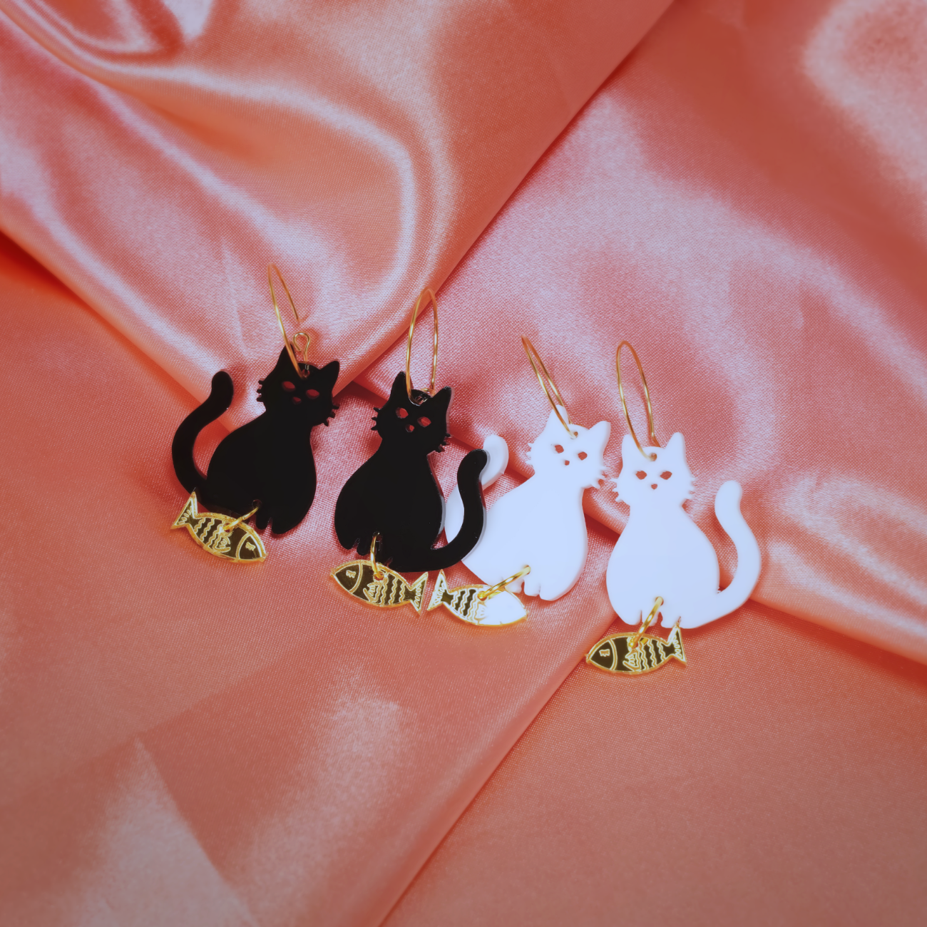 Acrylic black cat and gold fish earrings