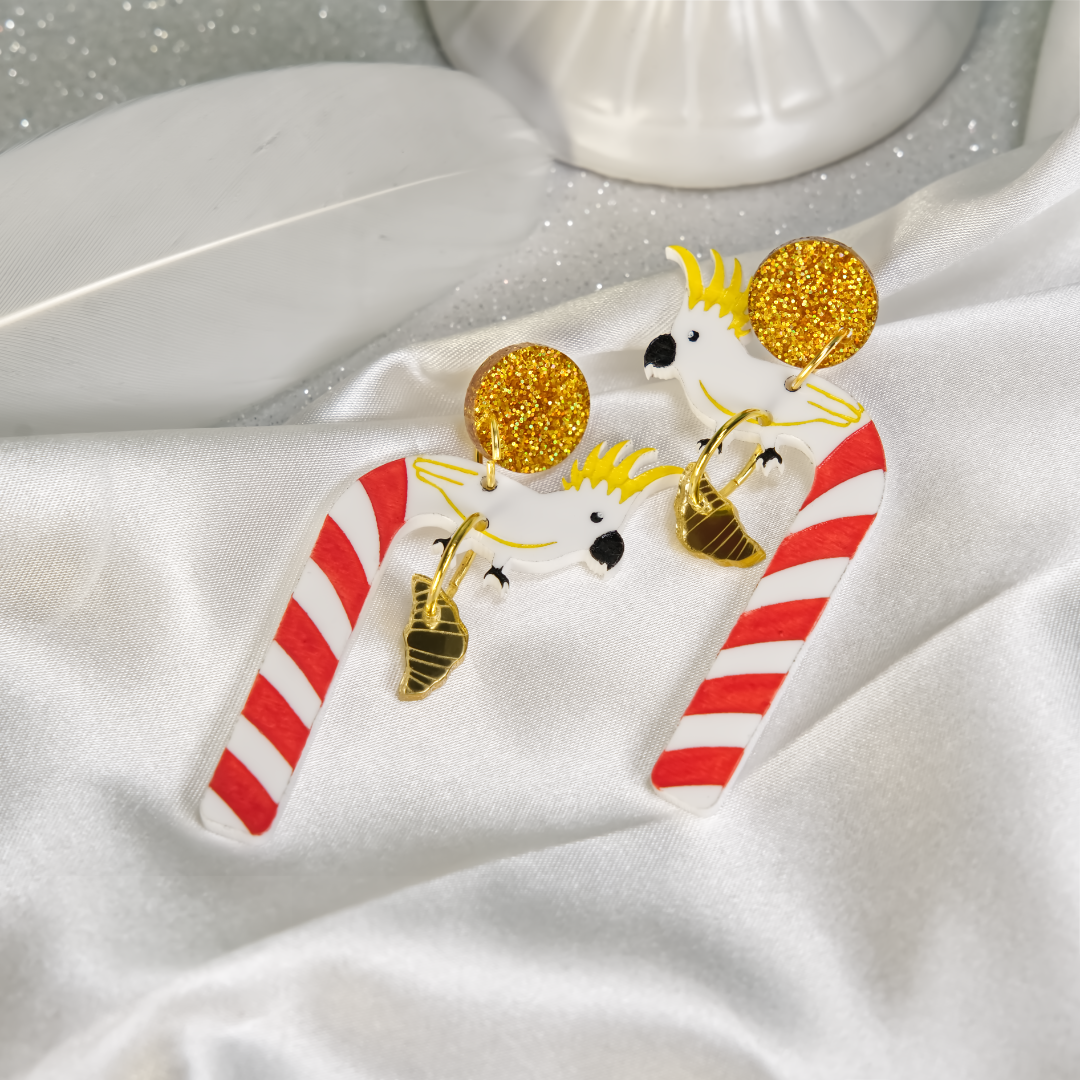 Christmas Cockatoo candy cane with croissant earrings