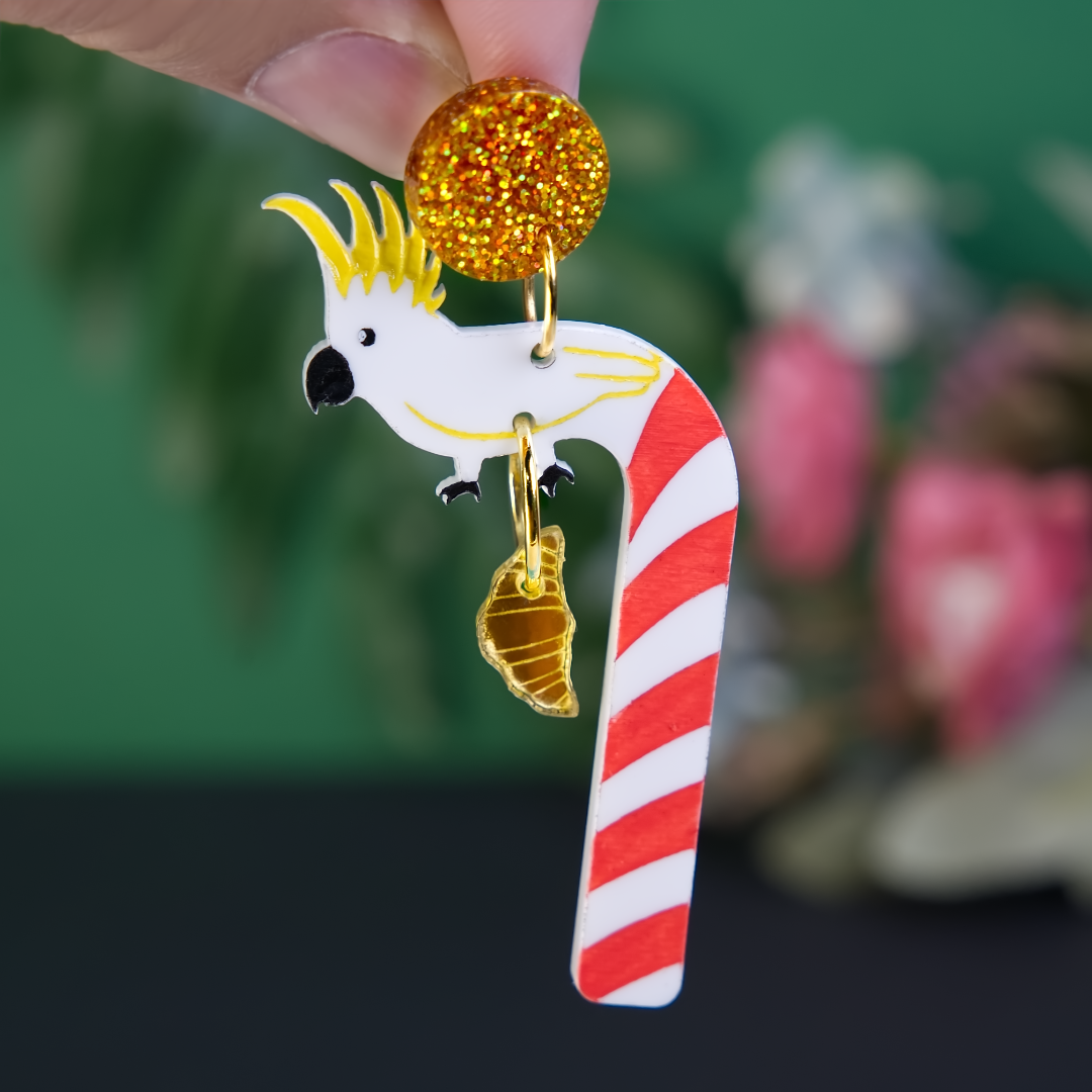 Christmas Cockatoo candy cane with croissant earrings