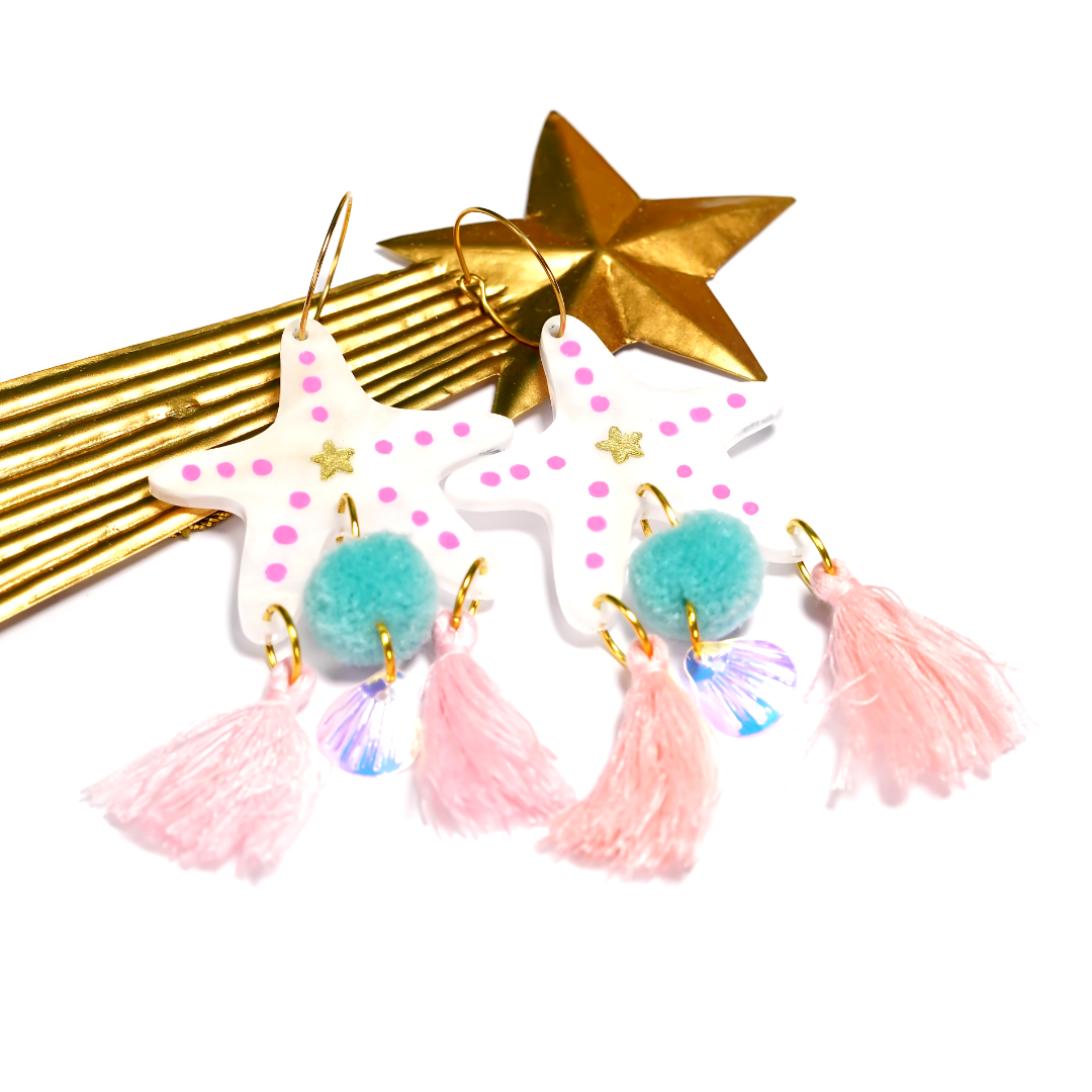 White heaven Starfish acrylic hoop earrings with tassels