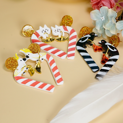 Christmas Cockatoo candy cane with croissant earrings