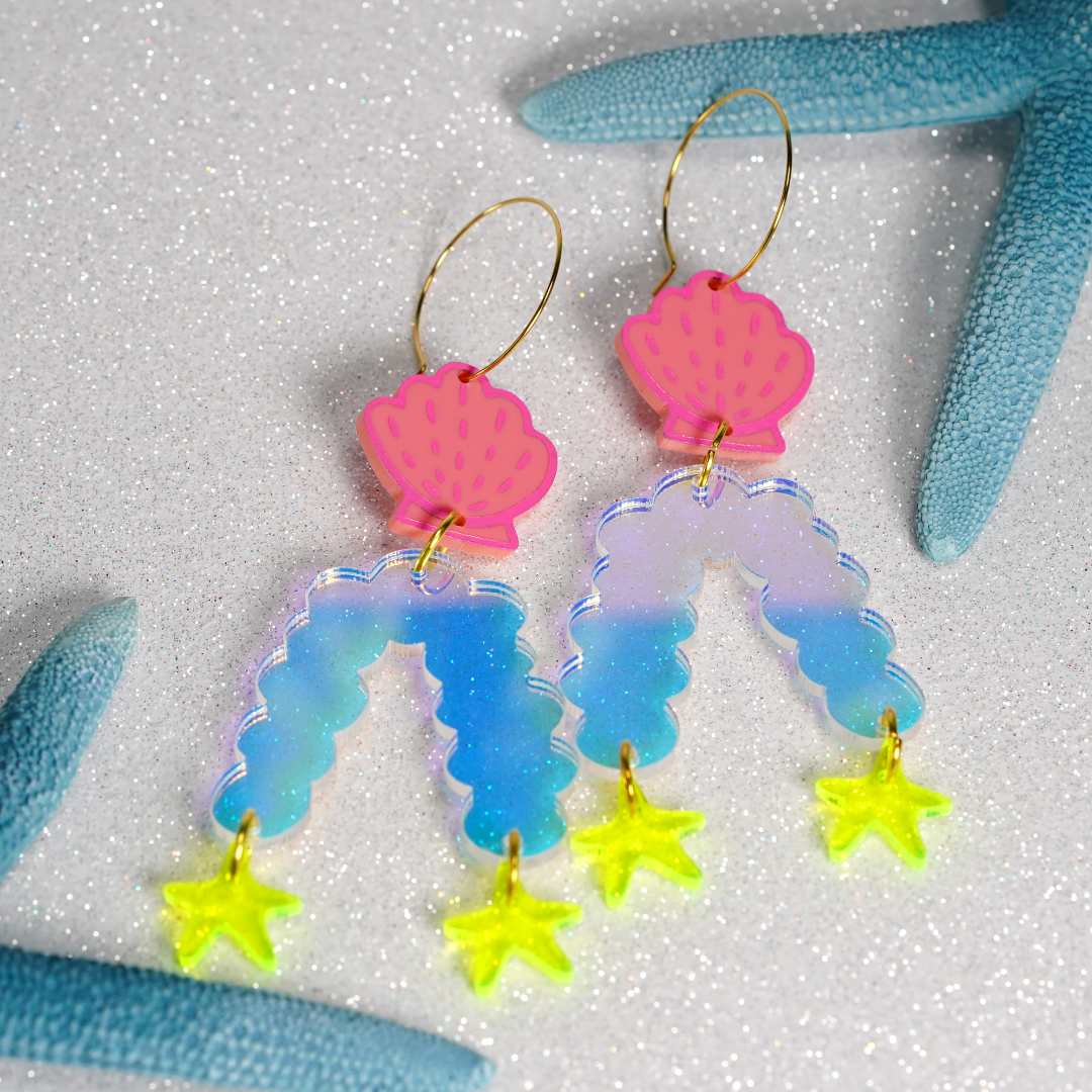 Seashell with iridescent coral and starfish hoop earrings