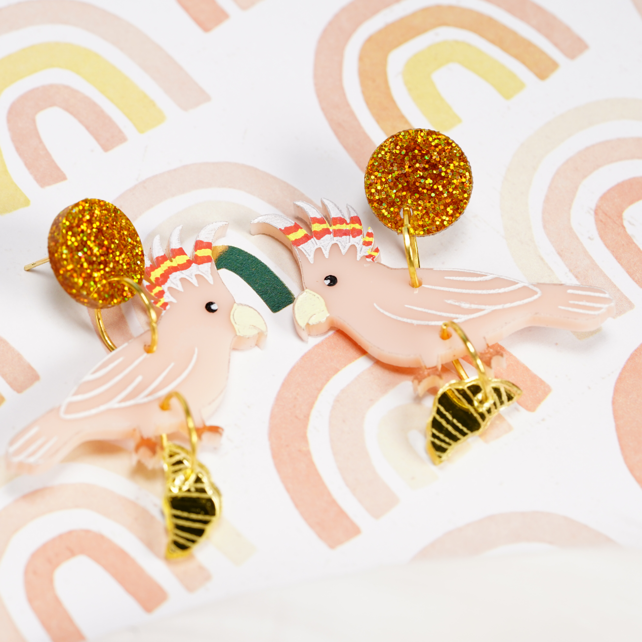 Major Mitchell's cockatoo with croissant gold glitter studs earrings