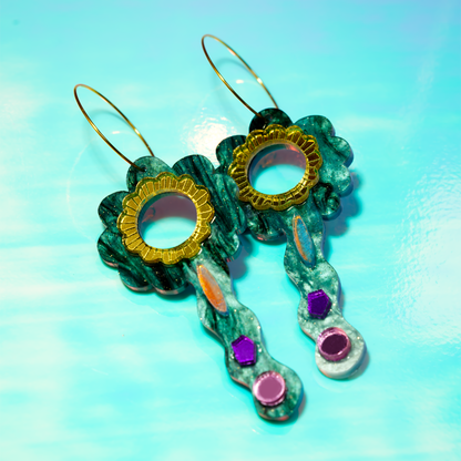 Flower Dance Earrings handmade in Melbourne using green marble and mirror acrylic with gold stainless steel hoops, inspired by Mount Dandenong's flower festivals

