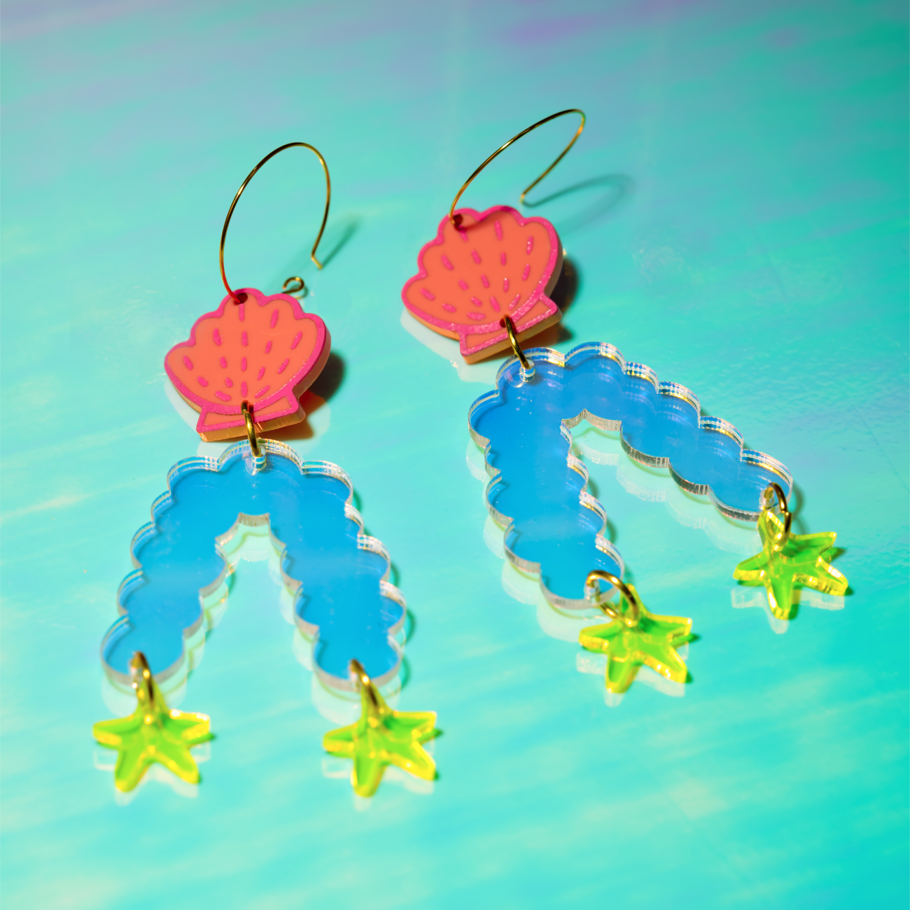 Seashell with iridescent coral and starfish hoop earrings