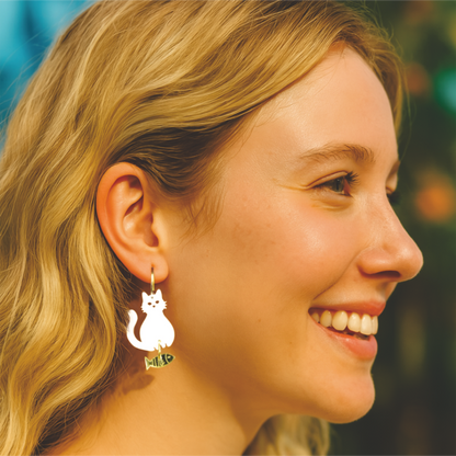 Acrylic white cat and gold fish earrings