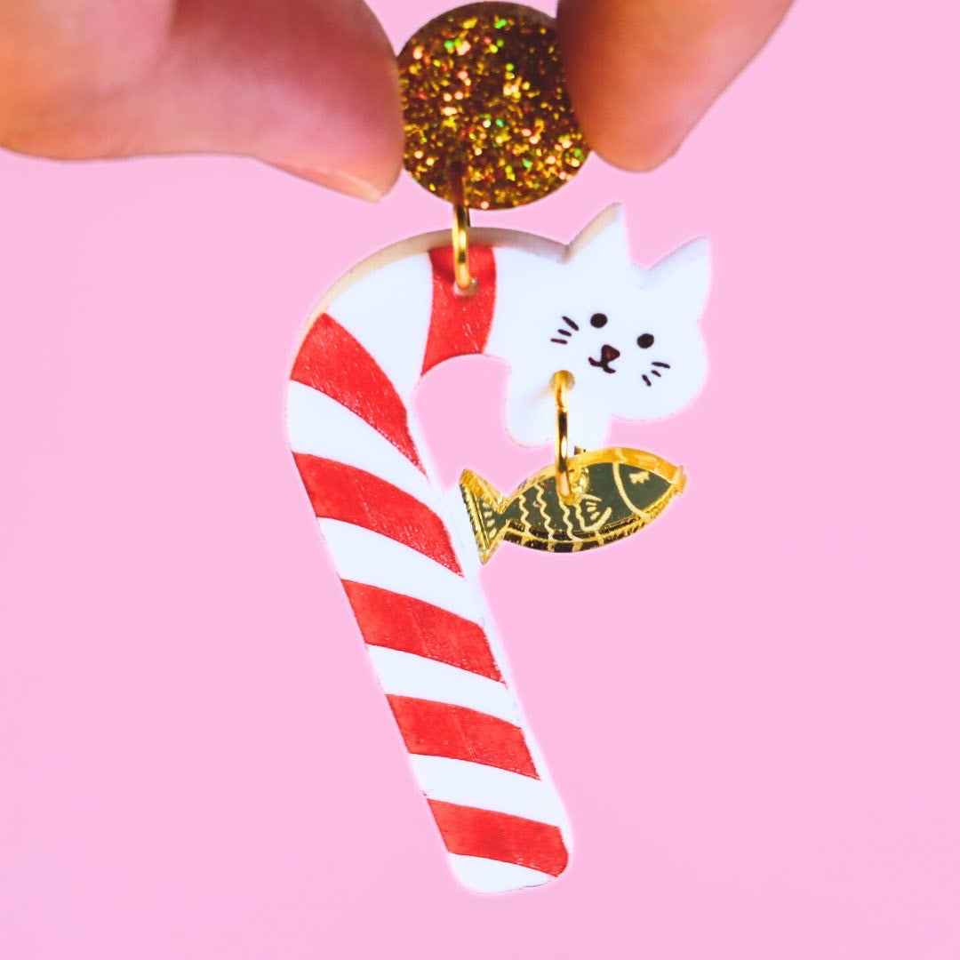 Christmas cat candy cane earrings