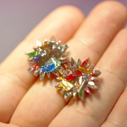 Chunky glitter sun-shaped acrylic earrings with gold-plated studs, handmade in Melbourne

