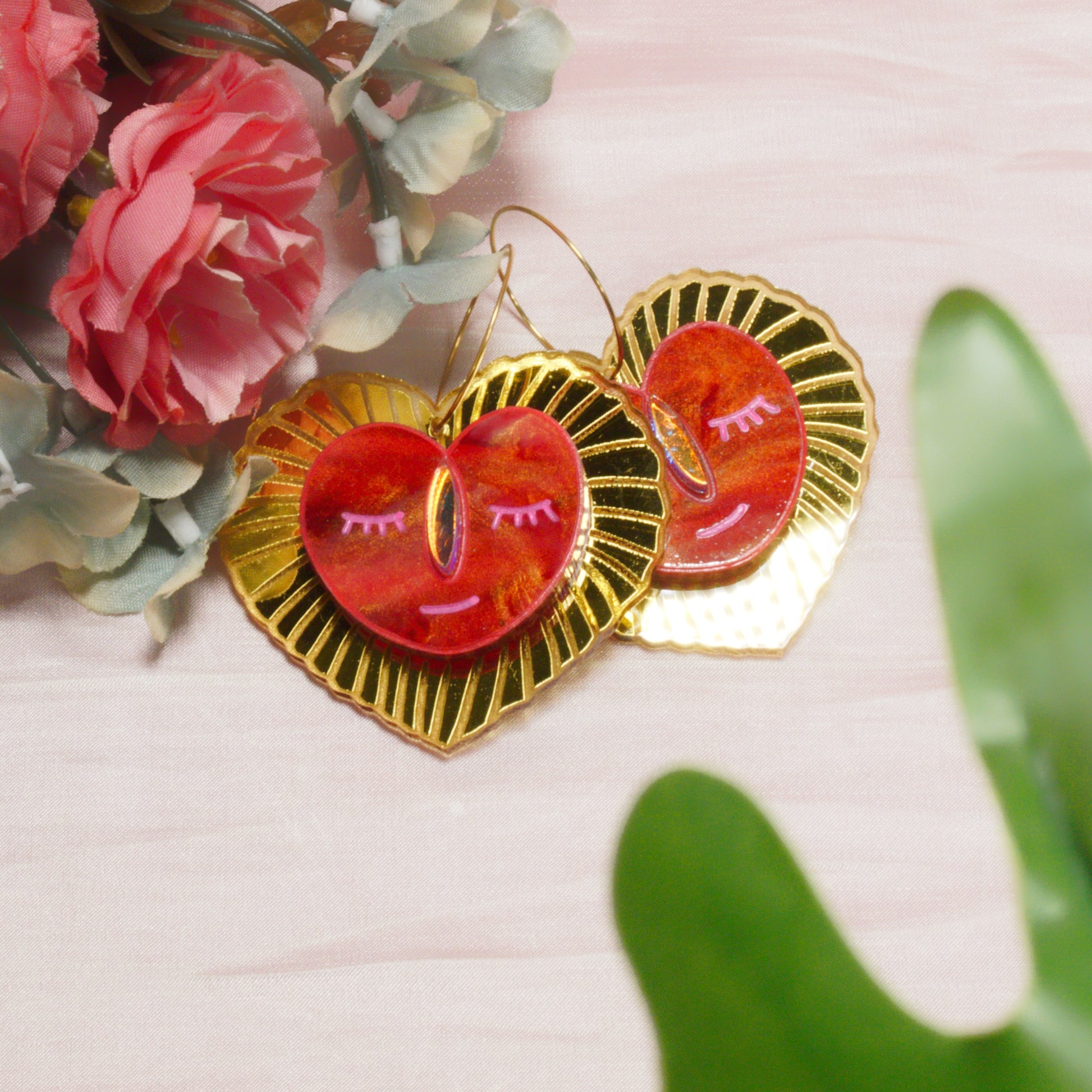 Heart Flower Earrings, Red Heart Earrings