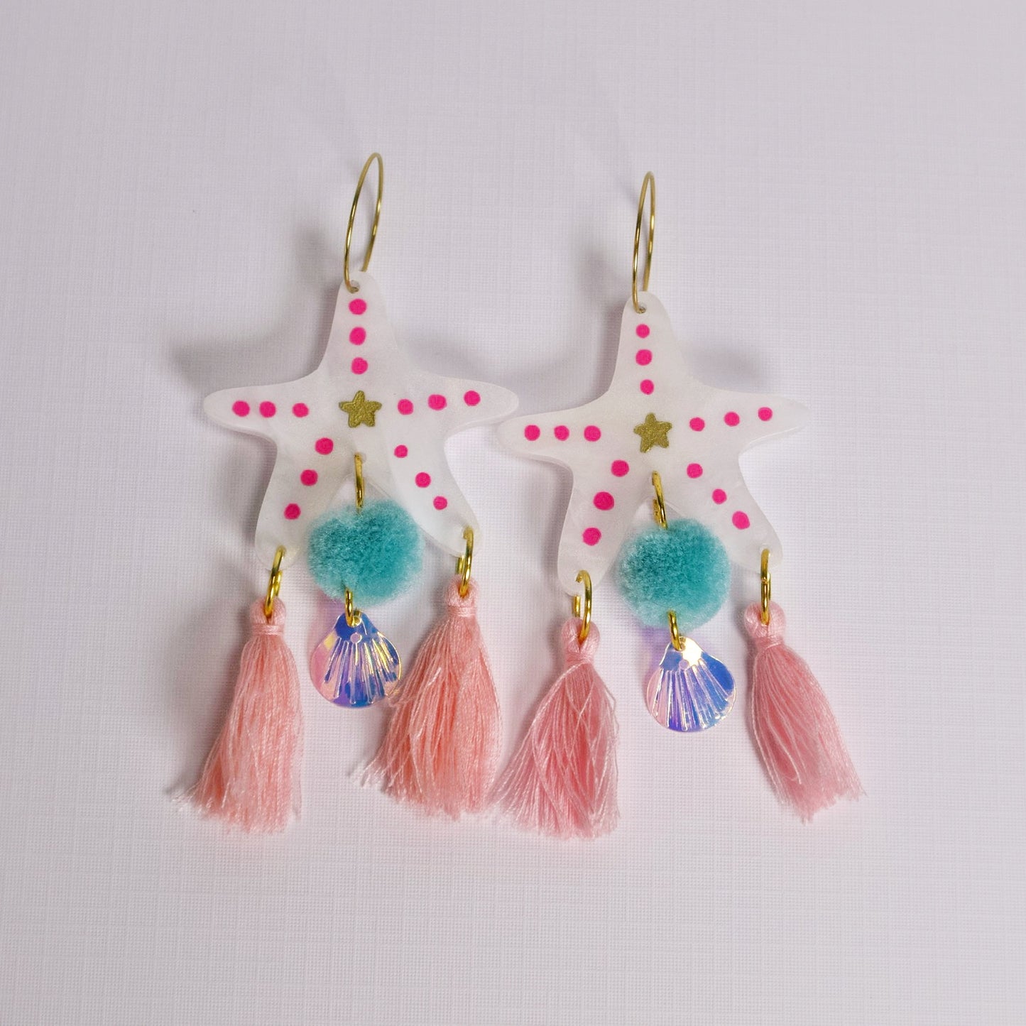 White heaven Starfish acrylic hoop earrings with tassels