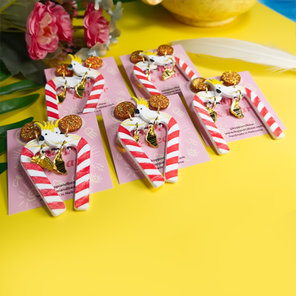 Christmas Cockatoo candy cane with croissant earrings