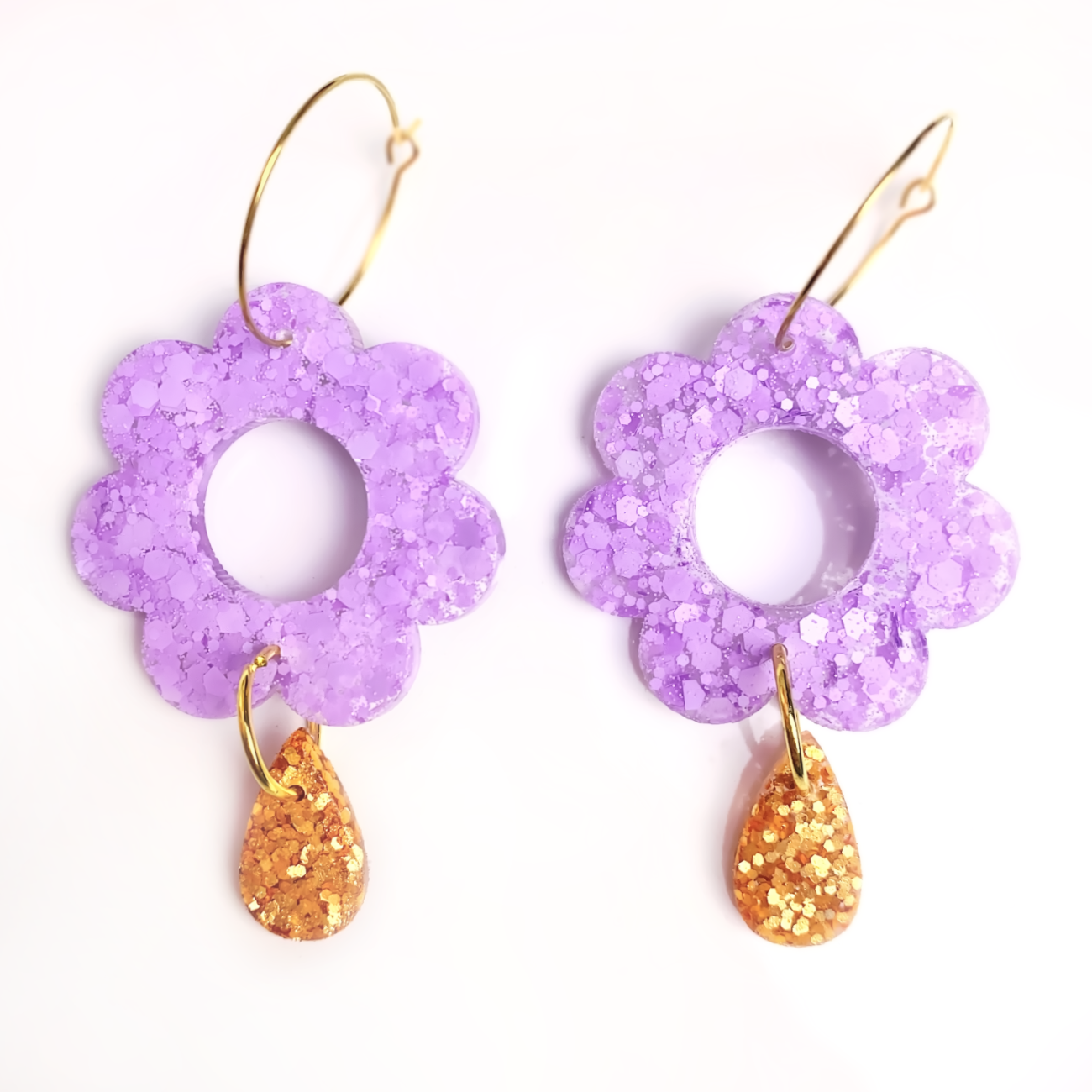 Resin flower drop earrings lavender purple