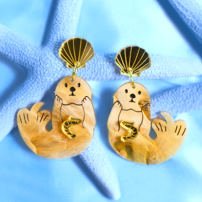 Japanese Sea Otter Earrings with gold shrimp, hand-painted otter design on gold marble acrylic, with seashell tops, handmade in Melbourne
