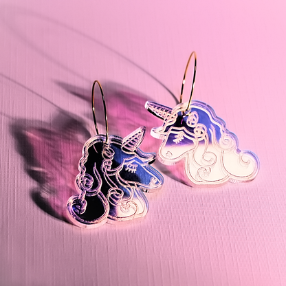 Laser-cut iridescent acrylic unicorn earrings with engraved details, handmade in Melbourne
