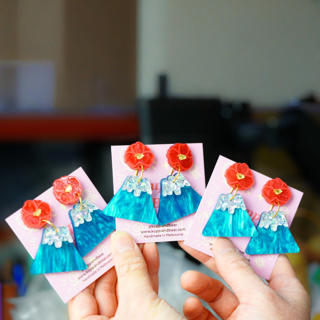 Mt Fuji and camellia earrings