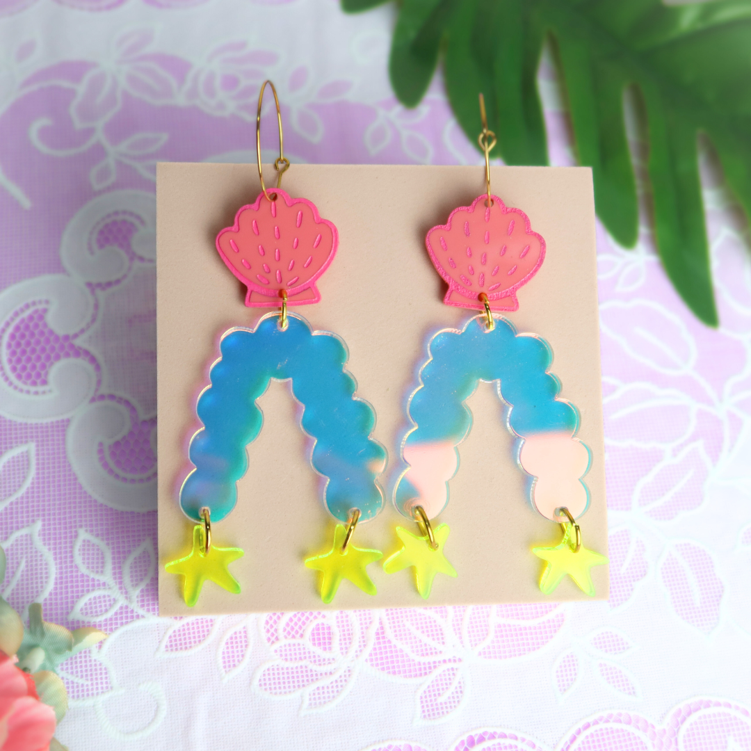 Seashell with iridescent coral and starfish hoop earrings