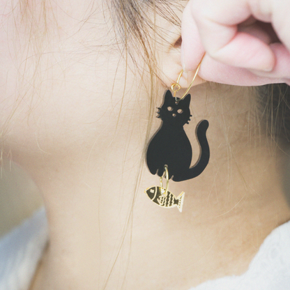 Acrylic black cat and gold fish earrings