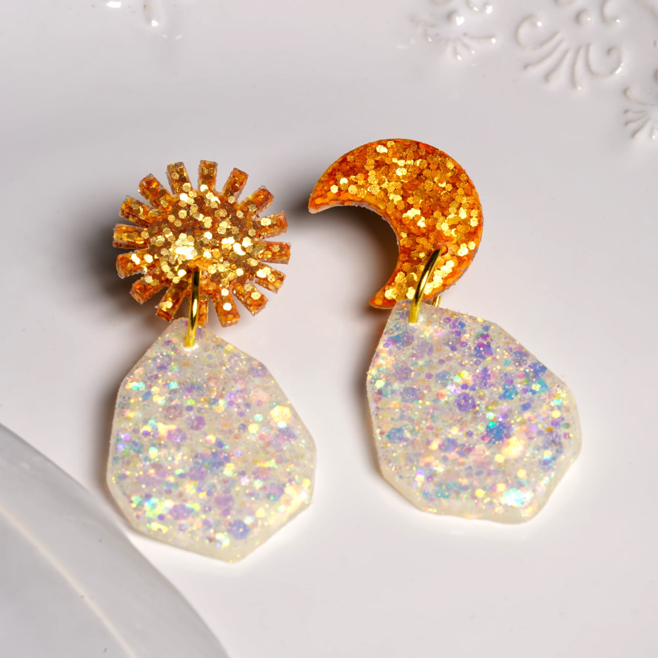 Resin glitz sun and moon earrings