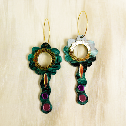 Flower Dance Earrings handmade in Melbourne using green marble and mirror acrylic with gold stainless steel hoops, inspired by Mount Dandenong's flower festivals
