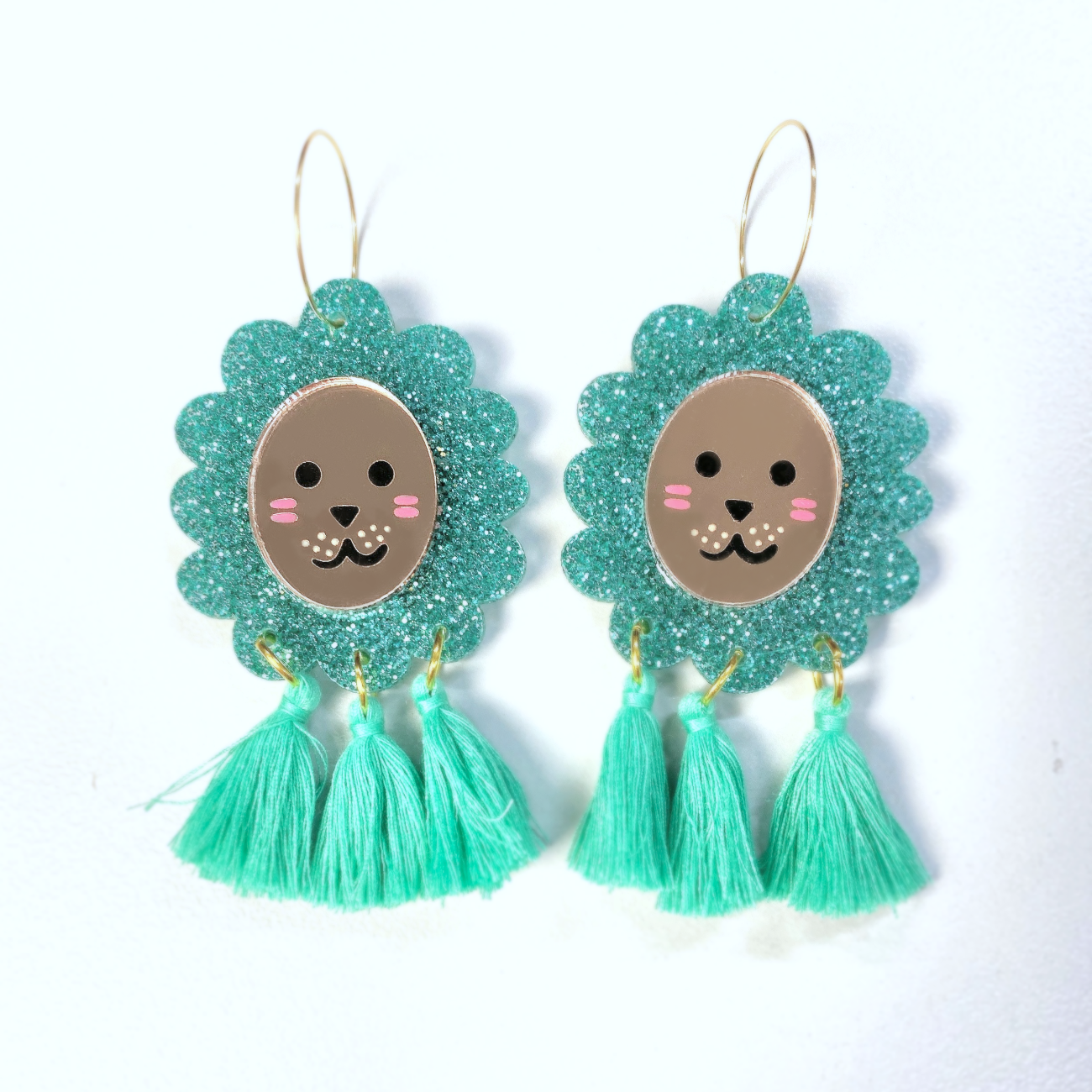 Lion head glitter hoop earrings (green) - Hoop Earrings - Kuppiandbear