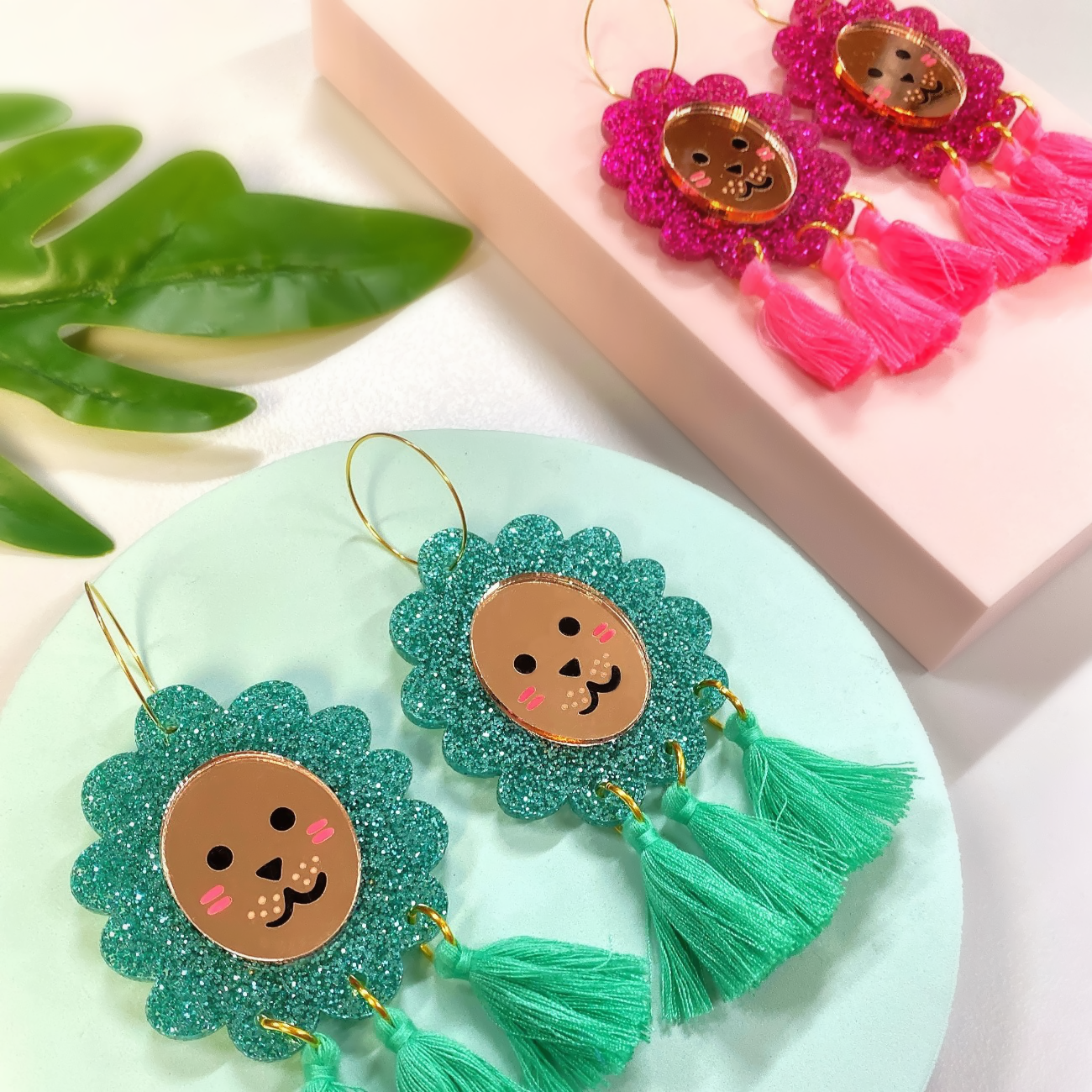 Lion head glitter hoop earrings (green) - Hoop Earrings - Kuppiandbear Melbourne Australia