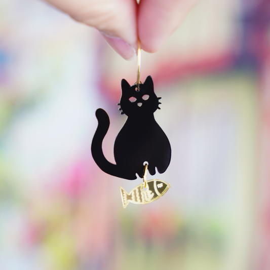 Acrylic black cat and gold fish earrings