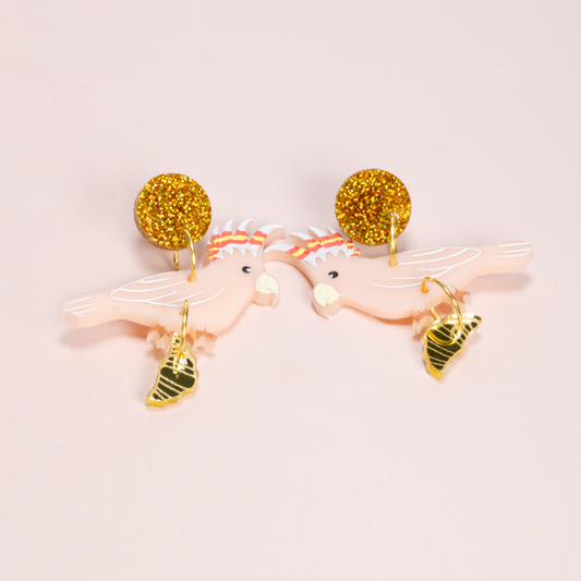 Major Mitchell's cockatoo with croissant gold glitter studs earrings
